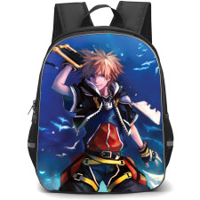 Kingdom Hearts Sora Backpack StudentPack - Sora Holding Weapon Flying Birds Background