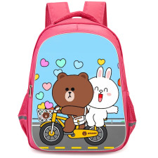 Lines Friends Backpack StudentPack - Lines Friends Brown And Cony Ejoying Bicycle Riding