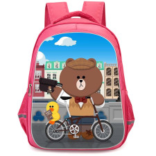Lines Friends Backpack StudentPack - Lines Friends Brown And Sally Riding Cycle In London City