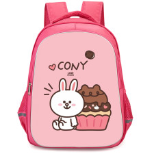Lines Friends Cony Backpack StudentPack - Cony Sitting With Cup Cake Pink Background