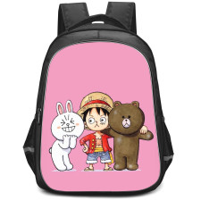 Lines Friends Backpack StudentPack - Lines Friends Luffy Brown And Cony Standing On Pink Background