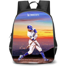 MLB Mookie Betts Backpack StudentPack - Mookie Betts Los Angeles Dodgers Batting Posture On Red Sky Background