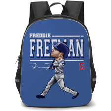MLB Freddie Freeman Backpack StudentPack - Freddie Freeman 5 Los Angeles Dodgers Hitting Cartoon Art On Blue Background