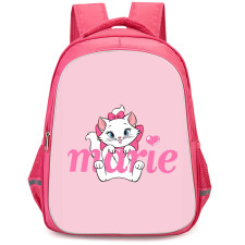 Marie Backpack StudentPack - Marie Sitting And Holding Her Name On Pink Background