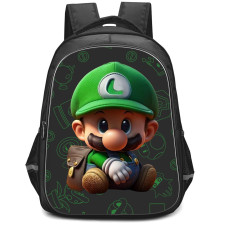 Super Mario Luigi Backpack StudentPack - Luigi Sitting Chibi Green Pattern Background