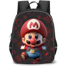 Super Mario Backpack StudentPack - Mario Smiling Chibi Red Pattern Background