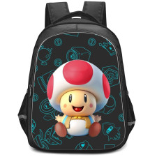 Super Mario Toad Backpack StudentPack - Toad Smiling Chibi Blue Pattern Background