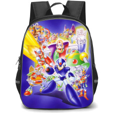 Mega Man Backpack StudentPack - Mega Man Characters Pose Blue Background Anime Art