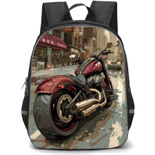 Motorbike Backpack StudentPack - Motorbike A Cruiser Motorbike Stand In A City Street Illustration Art