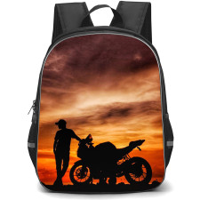 Motorbike Backpack StudentPack - Motorbike A Biker Standing With His Motorbike Silhouette On Twilight Background