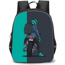 Motorbike Backpack StudentPack - Motorbike Rider Rear View Illustration Art On Green Black Background