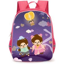 Monchhichi Backpack StudentPack - Monchhichi Couple Dolls Enjoy on Sky Ride with Purple Background