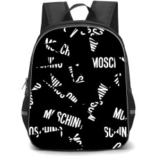 Moschino Backpack School Bag StudentPack - Moschino Scattered Jumbled White Typography Text Logo On Black Background