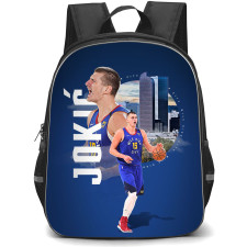 NBA Nikola Jokic Backpack StudentPack - Nikola Jokic Mile High City 15 Standing On Blue City Background