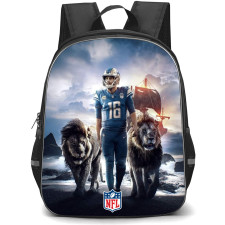 NFL Jared Goff Backpack StudentPack - Jared Goff Detroit Lions Standing With 2 Lions On Sea Background