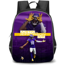 NFL Justin Jefferson Backpack StudentPack - Justin Jefferson 18 Minnesota Vikings Celebration On Purple Background