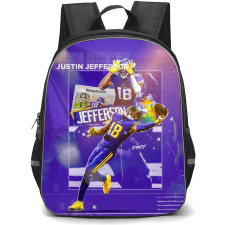 NFL Justin Jefferson Backpack StudentPack - Justin Jefferson 18 Minnesota Vikings Rookie of the Year Poster Blue Background