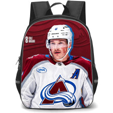 NHL Cale Makar Backpack School Bag StudentPack - Cale Makar Colorado Avalanche Jersey Portrait On Red Logo Background