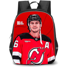 NHL Jack Hughes Backpack School Bag StudentPack - Jack Hughes New Jersey Devils Smiling Portrait On Red Abstract Background