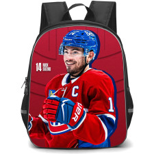 NHL Nick Suzuki Backpack School Bag StudentPack - Nick Suzuki Montreal Canadiens Smiling On Red Logo Background