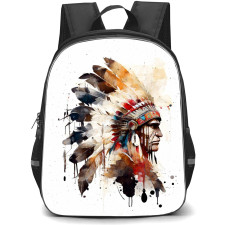 Native American Backpack School Bag StudentPack - Native American Warrior Paint Splash Side Portrait In White Background