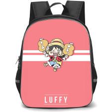One Piece Luffy Backpack StudentPack - Luffy Chibi Eating Pink Stripe Background