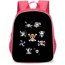 One Piece Straw Hat Backpack StudentPack - Straw Hat Pirate Members Logo Collage Black Background