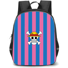 One Piece Straw Hat Backpack StudentPack - Straw Hat Pirate Logo Blue Pink Stripe