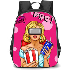 Pop Art Pattern Backpack StudentPack - Blonde Girl Watching in VR Wow Boo Pink Background