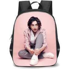 Pop Star Timothee Chalamet Backpack StudentPack - Timothee Chalamet Sitting Pink Background