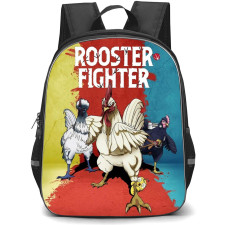 Rooster Fighter Backpack School Bag StudentPack - Rooster Fighter Keisuke And Crew Angry Battle Chickens On Yellow Red Blue Background