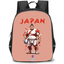 Rugby World Cup France 2023 Japan National Rugby Union Backpack StudentPack - Sumo Wrestler Holding Ball On Pink BAckground