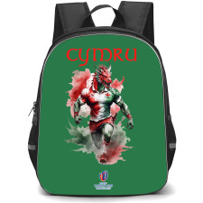 Rugby World Cup France 2023 The Wales National Rugby Union Backpack StudentPack - Dragon Standing On Green Background
