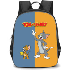 Tom and Jerry Backpack StudentPack - Tom and Jerry Holding Cheese Gray Yellow Background