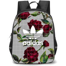 Adidas Backpack School Bag StudentPack - Adidas Logo On Red Rose Floral Pattern With A Grey Grid Background