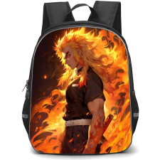 Demon Slayer Kyojuro Rengoku Backpack StudentPack - Kyojuro Rengoku Side Portrait Flames Background