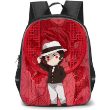 Demon Slayer Muichiro Tokito Backpack StudentPack - Muzan Kibutsuji Chibi Art Red Abstract Background
