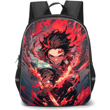 Demon Slayer Tanjiro Kamado Backpack StudentPack - Attacks With Sword Flaming Background