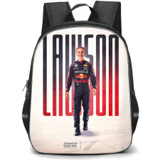 F1 Formula One Liam Lawson Backpack StudentPack - Liam Lawson Standing And Wear Red Bull Racing Suit On Word Art Background