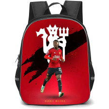 Kobbie Mainoo School Backpack StudentPack - Kobbie Mainoo Manchester United Running On Red Blue Background