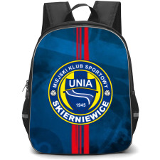 Unia Skierniewice Backpack School Bag StudentPack - Logo In Red And Blue Abstract B'ackground