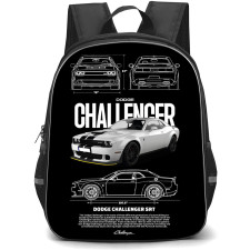 Dodge Challenger Backpack School Bag StudentPack - Dodge Challenger With Technical Drawings On Black Background