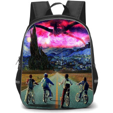 Stranger Things Backpack School Bag StudentPack - Stranger Things Four Children Cycling on the Way with Scary Background