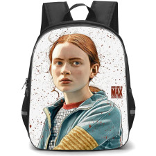 Stranger Things Max Backpack School Bag StudentPack - Max Girl Wear Blue Jacket with Brown Dotted Background