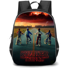 Stranger Things Backpack School Bag StudentPack - Stranger Things Scene Kids Cycling Race with Lightning Strike Background
