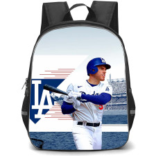 MLB Freddie Freeman Backpack StudentPack - Freddie Freeman Los Angeles Dodgers Side Portrait Illustration On Stadium Background