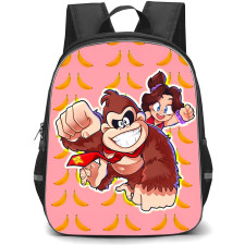 Super Mario Donkey Kong Bananza Backpack StudentPack - Donkey Kong And Pauline Sticker On Banana Pattern Art Background