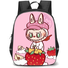 The Monsters Labubu Pop Mart Backpack StudentPack - The Monsters Labubu Strawberry Illustration Art On Pink Background