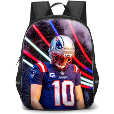 NFL New England Patriots Backpack School Bag StudentPack - New England Patriots Drake Maye Looking Down with Stars and Light Beams Background