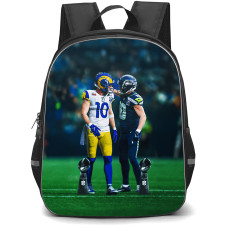 NFL Seattle Seahawks Backpack School Bag StudentPack - Seattle Seahawks Cooper Kupp Hand on Shoulder of Los Angeles Rams Player Number 10 with Lombardi Trophies